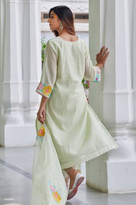 Shop Charu Makkar Green Chanderi Cotton, Organza Embroidery, Blossom Garden Work Kurta Pant Set at Aza Fashions Shop_Charu Makkar_Green Chanderi Cotton, Organza Embroidery, Blossom Garden Work Kurta Pant Set_at_Aza_Fashions