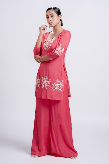 Shop Harshita Jain Pink Chiffon Embroidered Cutdana Scoop Hand Kurta Flared Pant Set at Aza Fashions Shop_Harshita Jain_Pink Chiffon Embroidered Cutdana Scoop Hand Kurta Flared Pant Set _at_Aza_Fashions