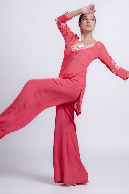 Harshita Jain Pink Chiffon Embroidered Cutdana Scoop Hand Kurta Flared Pant Set Online at Aza Fashions Harshita Jain_Pink Chiffon Embroidered Cutdana Scoop Hand Kurta Flared Pant Set _Online_at_Aza_Fashions