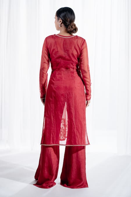 Shop Harshita Jain Red Satin, Silk Cut Work, Sequins, Sola Organza Floral Kurta Flared Pant Set at Aza Fashions Shop_Harshita Jain_Red Satin, Silk Cut Work, Sequins, Sola Organza Floral Kurta Flared Pant Set _at_Aza_Fashions