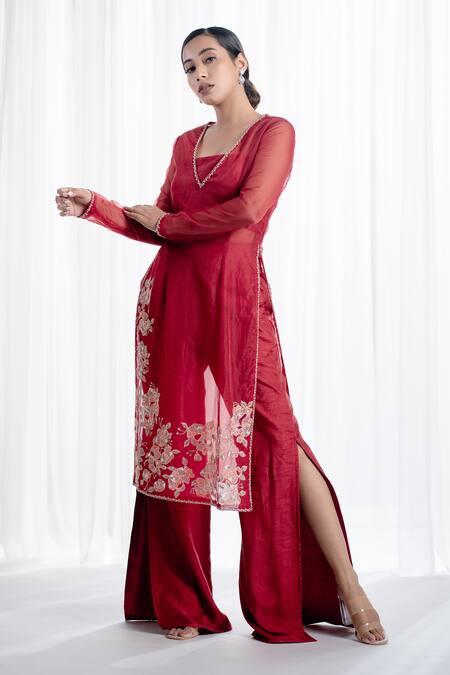 Harshita Jain Red Satin, Silk Cut Work, Sequins, Sola Organza Floral Kurta Flared Pant Set Online at Aza Fashions Harshita Jain_Red Satin, Silk Cut Work, Sequins, Sola Organza Floral Kurta Flared Pant Set _Online_at_Aza_Fashions