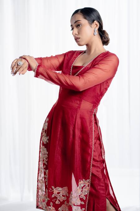Buy Harshita Jain Red Satin, Silk Cut Work, Sequins, Sola Organza Floral Kurta Flared Pant Set Online at Aza Fashions Buy_Harshita Jain_Red Satin, Silk Cut Work, Sequins, Sola Organza Floral Kurta Flared Pant Set _Online_at_Aza_Fashions