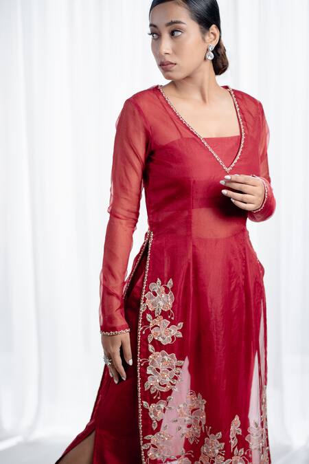 Shop Harshita Jain Red Satin, Silk Cut Work, Sequins, Sola Organza Floral Kurta Flared Pant Set Online at Aza Fashions Shop_Harshita Jain_Red Satin, Silk Cut Work, Sequins, Sola Organza Floral Kurta Flared Pant Set _Online_at_Aza_Fashions