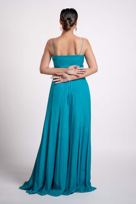 Shop Harshita Jain Blue Gabardine, Silk Sweetheart Neck Floral Emboidered Blouse And Flared Pant Set at Aza Fashions Shop_Harshita Jain_Blue Gabardine, Silk Sweetheart Neck Floral Emboidered Blouse And Flared Pant Set _at_Aza_Fashions