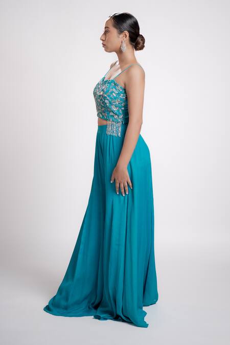 Harshita Jain Blue Gabardine, Silk Sweetheart Neck Floral Emboidered Blouse And Flared Pant Set Online at Aza Fashions Harshita Jain_Blue Gabardine, Silk Sweetheart Neck Floral Emboidered Blouse And Flared Pant Set _Online_at_Aza_Fashions