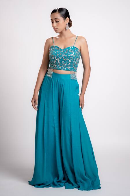 Buy Harshita Jain Blue Gabardine, Silk Sweetheart Neck Floral Emboidered Blouse And Flared Pant Set Online at Aza Fashions Buy_Harshita Jain_Blue Gabardine, Silk Sweetheart Neck Floral Emboidered Blouse And Flared Pant Set _Online_at_Aza_Fashions
