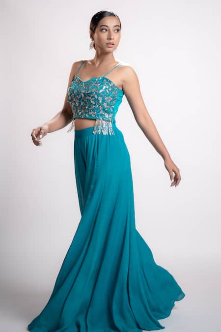 Shop Harshita Jain Blue Gabardine, Silk Sweetheart Neck Floral Emboidered Blouse And Flared Pant Set Online at Aza Fashions Shop_Harshita Jain_Blue Gabardine, Silk Sweetheart Neck Floral Emboidered Blouse And Flared Pant Set _Online_at_Aza_Fashions