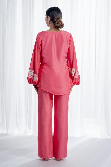 Shop_Harshita Jain_Pink Silk Sequins V-neck Floral Embroidered Top And Pant Set _at_Aza_Fashions
