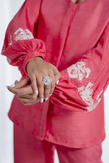 Buy_Harshita Jain_Pink Silk Sequins V-neck Floral Embroidered Top And Pant Set _Online_at_Aza_Fashions