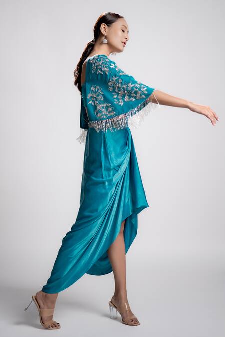 Harshita Jain_Blue Satin Chiffon Embroidered Sequin Sweetheart Cape Sleeve Blouse And Skirt Set _Online_at_Aza_Fashions