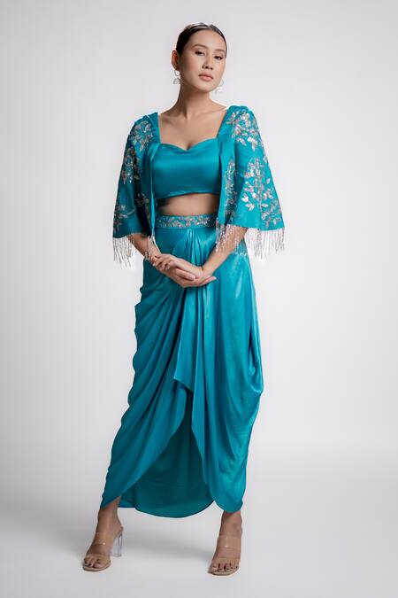 Buy_Harshita Jain_Blue Satin Chiffon Embroidered Sequin Sweetheart Cape Sleeve Blouse And Skirt Set _Online_at_Aza_Fashions