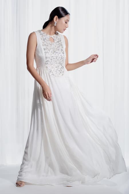 Harshita Jain_Off White Silk Sequins, Cut Work Round Neck And Cutdana Embroidered Gown _Online_at_Aza_Fashions