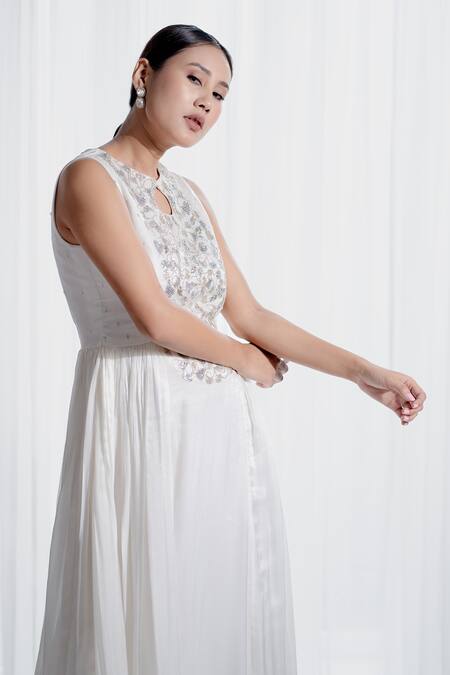 Buy_Harshita Jain_Off White Silk Sequins, Cut Work Round Neck And Cutdana Embroidered Gown _Online_at_Aza_Fashions