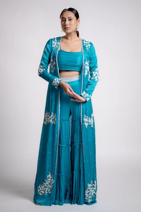 Harshita Jain Blue Satin Chiffon Embroidered And Pearl Floral Jacket Sharara Set  