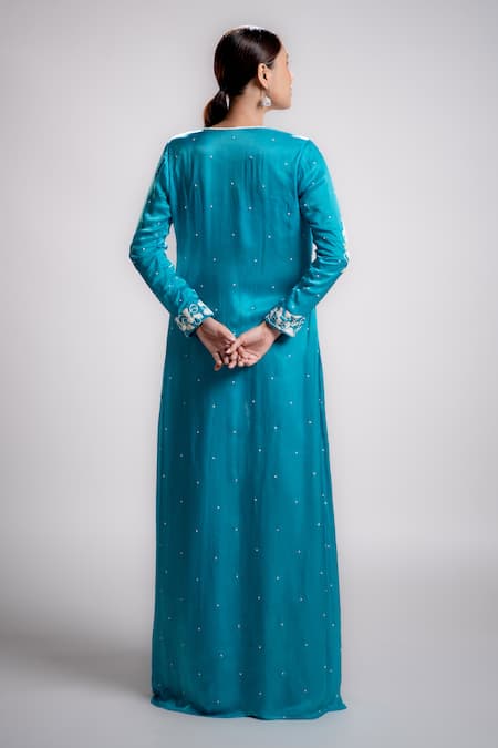 Shop Harshita Jain Blue Satin Chiffon Embroidered And Pearl Floral Jacket Sharara Set at Aza Fashions Shop_Harshita Jain_Blue Satin Chiffon Embroidered And Pearl Floral Jacket Sharara Set _at_Aza_Fashions