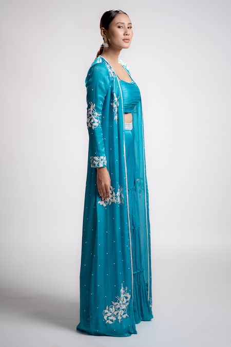 Harshita Jain Blue Satin Chiffon Embroidered And Pearl Floral Jacket Sharara Set Online at Aza Fashions Harshita Jain_Blue Satin Chiffon Embroidered And Pearl Floral Jacket Sharara Set _Online_at_Aza_Fashions