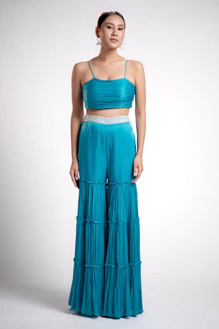 Buy Harshita Jain Blue Satin Chiffon Embroidered And Pearl Floral Jacket Sharara Set Online at Aza Fashions Buy_Harshita Jain_Blue Satin Chiffon Embroidered And Pearl Floral Jacket Sharara Set _Online_at_Aza_Fashions