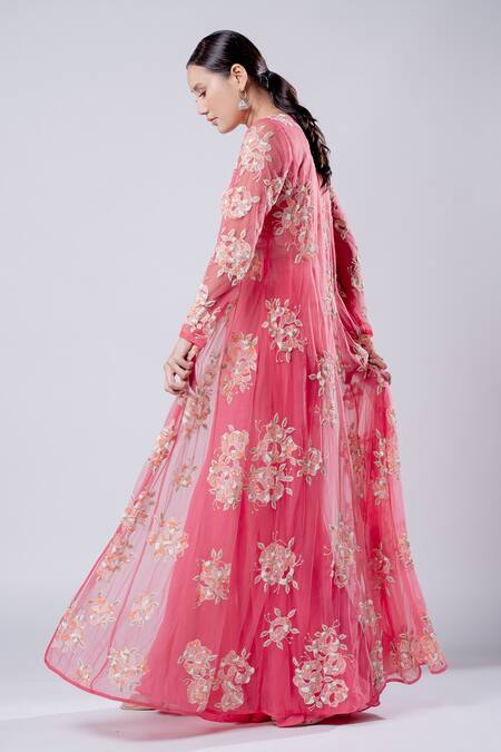 Harshita Jain Pink Chiffon Embroidered Sequin V Neck Floral Longline Jacket Sharara Set Online at Aza Fashions Harshita Jain_Pink Chiffon Embroidered Sequin V Neck Floral Longline Jacket Sharara Set _Online_at_Aza_Fashions