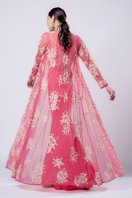 Harshita Jain - Pink Chiffon Embroidered Sequin V Floral Longline Jacket  Sharara Set For Women