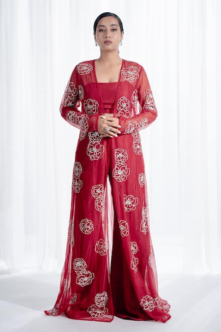 Harshita Jain Red Sola Silk Net Embroidered Floral And Cutdana Jacket Pant Set  