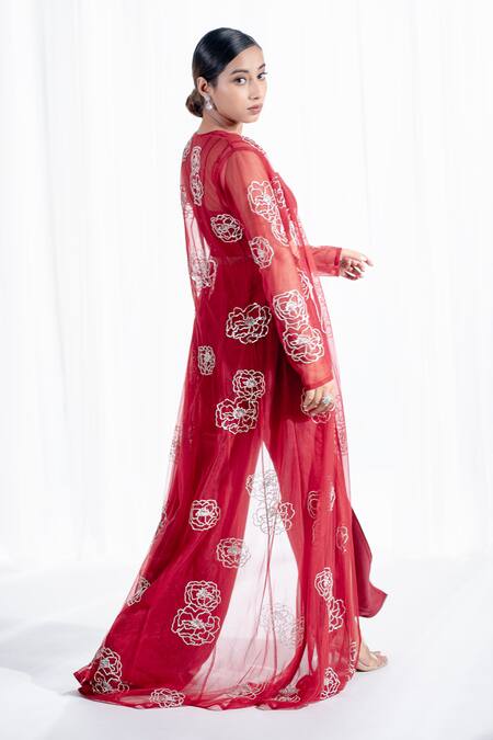 Shop Harshita Jain Red Sola Silk Net Embroidered Floral And Cutdana Jacket Pant Set at Aza Fashions Shop_Harshita Jain_Red Sola Silk Net Embroidered Floral And Cutdana Jacket Pant Set _at_Aza_Fashions