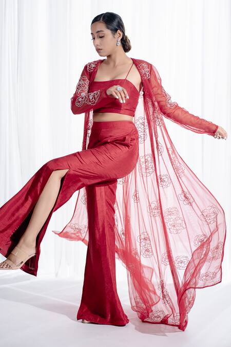 Harshita Jain Red Sola Silk Net Embroidered Floral And Cutdana Jacket Pant Set Online at Aza Fashions Harshita Jain_Red Sola Silk Net Embroidered Floral And Cutdana Jacket Pant Set _Online_at_Aza_Fashions