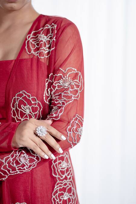 Buy Harshita Jain Red Sola Silk Net Embroidered Floral And Cutdana Jacket Pant Set Online at Aza Fashions Buy_Harshita Jain_Red Sola Silk Net Embroidered Floral And Cutdana Jacket Pant Set _Online_at_Aza_Fashions