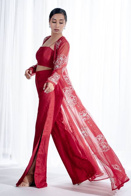 Shop Harshita Jain Red Sola Silk Net Embroidered Floral And Cutdana Jacket Pant Set Online at Aza Fashions Shop_Harshita Jain_Red Sola Silk Net Embroidered Floral And Cutdana Jacket Pant Set _Online_at_Aza_Fashions
