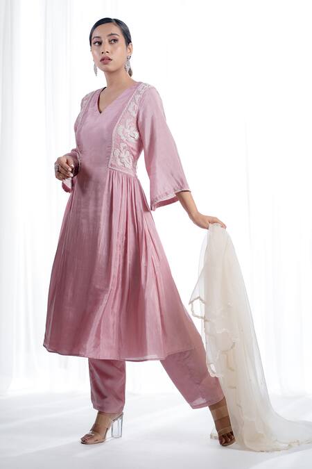 Harshita Jain_Pink Silk Organza Sequins, Beads Floral Hand Embroidered Anarkali Pant Set _Online_at_Aza_Fashions