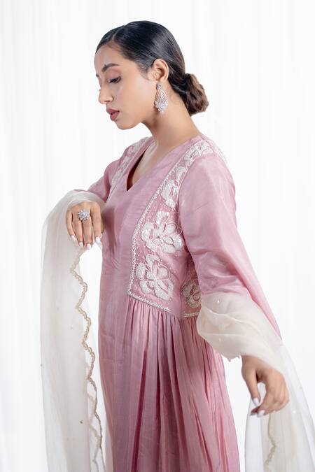 Buy_Harshita Jain_Pink Silk Organza Sequins, Beads Floral Hand Embroidered Anarkali Pant Set _Online_at_Aza_Fashions