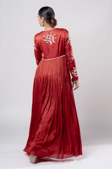 Shop Harshita Jain Red Satin Chiffon Hand Embroidery Bead Front Slit Anarkali Pant Set at Aza Fashions Shop_Harshita Jain_Red Satin Chiffon Hand Embroidery Bead Front Slit Anarkali Pant Set _at_Aza_Fashions