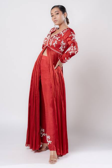Harshita Jain Red Satin Chiffon Hand Embroidery Bead Front Slit Anarkali Pant Set Online at Aza Fashions Harshita Jain_Red Satin Chiffon Hand Embroidery Bead Front Slit Anarkali Pant Set _Online_at_Aza_Fashions