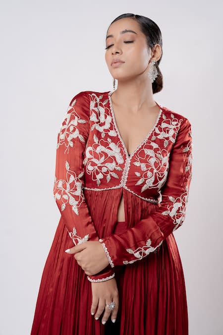 Buy Harshita Jain Red Satin Chiffon Hand Embroidery Bead Front Slit Anarkali Pant Set Online at Aza Fashions Buy_Harshita Jain_Red Satin Chiffon Hand Embroidery Bead Front Slit Anarkali Pant Set _Online_at_Aza_Fashions