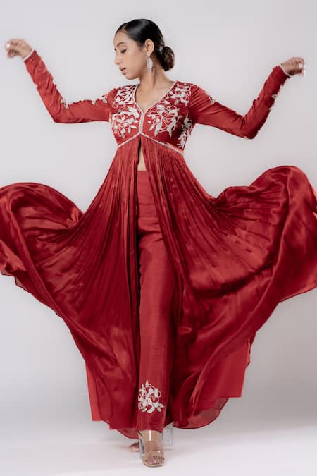 Shop Harshita Jain Red Satin Chiffon Hand Embroidery Bead Front Slit Anarkali Pant Set Online at Aza Fashions Shop_Harshita Jain_Red Satin Chiffon Hand Embroidery Bead Front Slit Anarkali Pant Set _Online_at_Aza_Fashions
