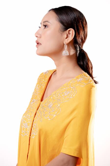 Buy Harshita Jain Yellow Silk Embroidery, Sequins V-neck Floral Hand Kurta And Pant Set Online at Aza Fashions Buy_Harshita Jain_Yellow Silk Embroidery, Sequins V-neck Floral Hand Kurta And Pant Set _Online_at_Aza_Fashions
