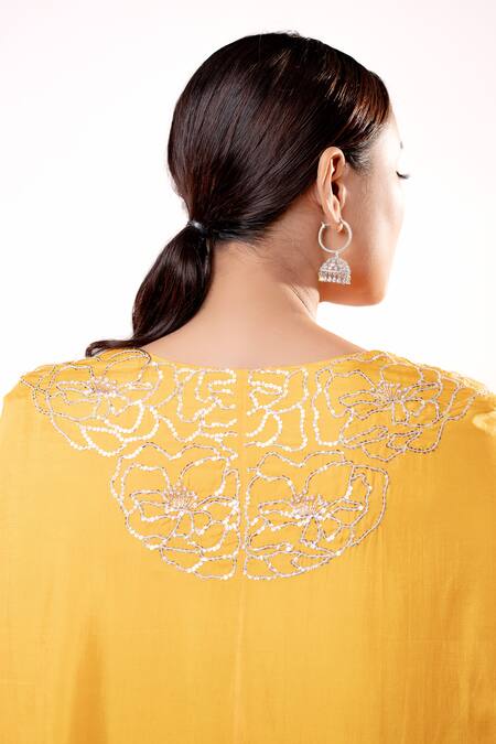 Shop Harshita Jain Yellow Silk Embroidery, Sequins V-neck Floral Hand Kurta And Pant Set Online at Aza Fashions Shop_Harshita Jain_Yellow Silk Embroidery, Sequins V-neck Floral Hand Kurta And Pant Set _Online_at_Aza_Fashions