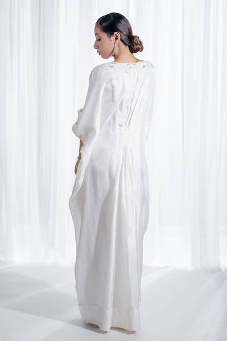 Shop_Harshita Jain_Off White Silk Pearls, Beads V-neck Embroidered Kaftan Gown _at_Aza_Fashions