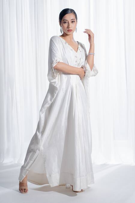 Harshita Jain_Off White Silk Pearls, Beads V-neck Embroidered Kaftan Gown _Online_at_Aza_Fashions