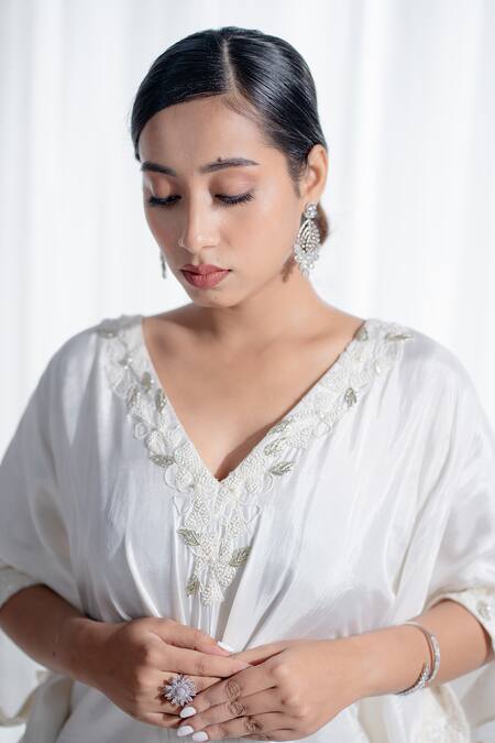Buy_Harshita Jain_Off White Silk Pearls, Beads V-neck Embroidered Kaftan Gown _Online_at_Aza_Fashions