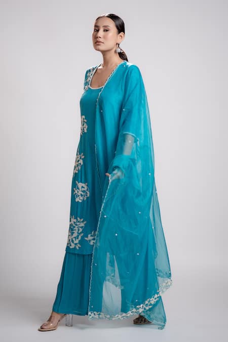 Buy_Harshita Jain_Blue Sola Silk Organza Hand Embroidery Pearl Straight Kurta Pant Set  _Online_at_Aza_Fashions