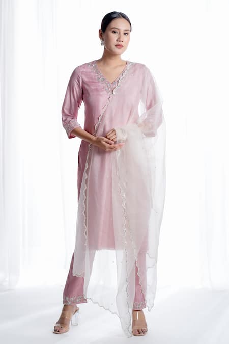 Harshita Jain Pink Upada Silk Organza Hand Floral Straight Kurta Pant Set  