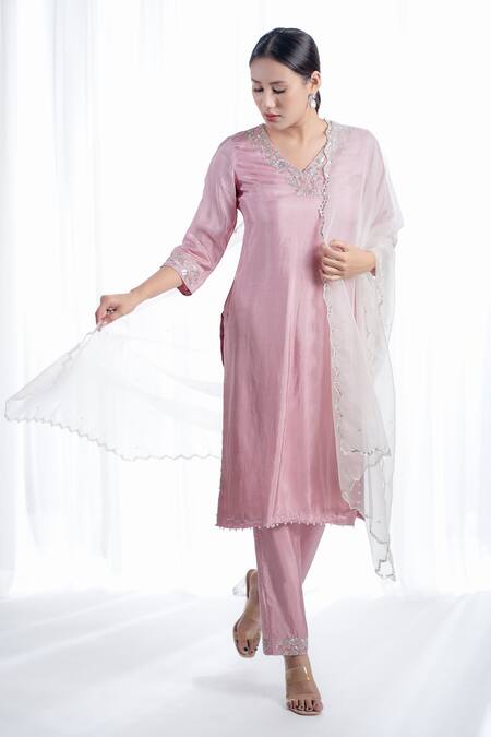 Buy_Harshita Jain_Pink Silk Organza Pearls, Sequins, Beads, Floral Hand Straight Kurta Pant Set _Online_at_Aza_Fashions