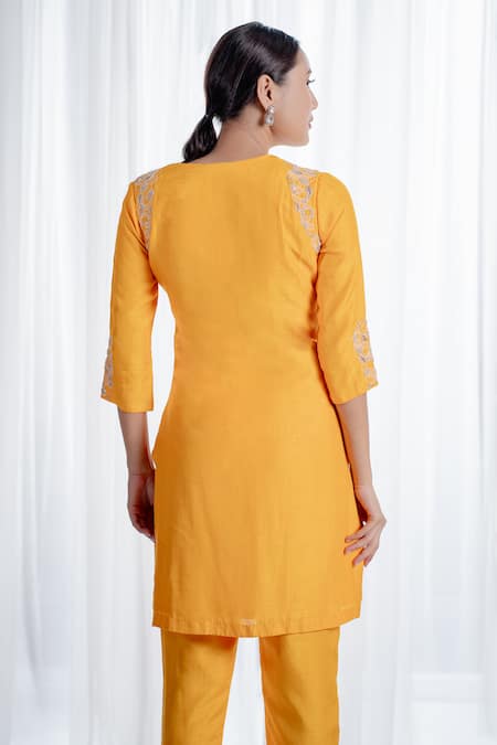 Harshita Jain_Yellow Organza, Satin Pearls, Sequins, Beads, Thread Straight Kurta Pant Set _Online_at_Aza_Fashions