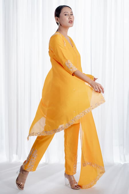 Shop_Harshita Jain_Yellow Organza, Satin Pearls, Sequins, Beads, Thread Straight Kurta Pant Set _Online_at_Aza_Fashions