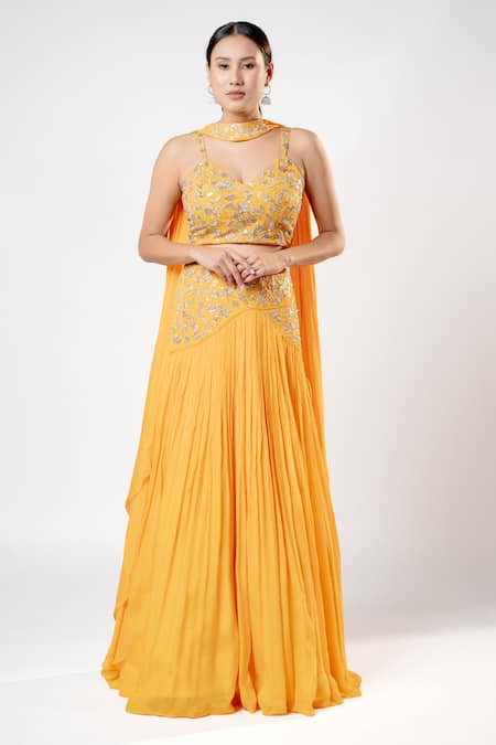 Harshita Jain_Yellow Chiffon Sequins, Pearls, Beads, Floral Hand Lehenga Blouse Set _Online_at_Aza_Fashions