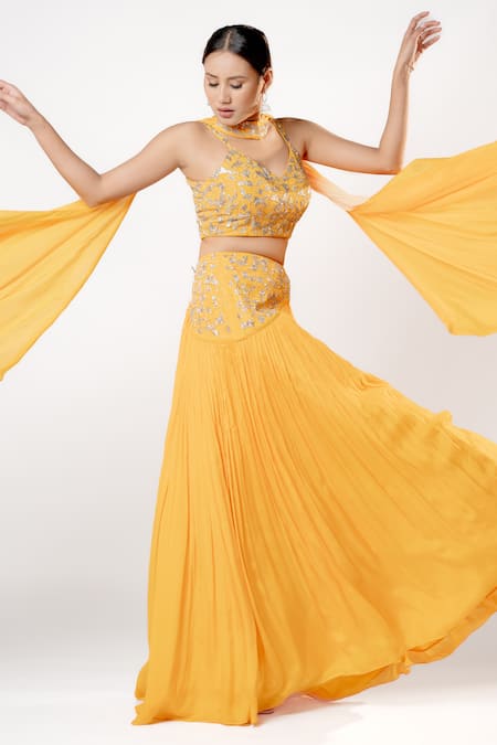Buy_Harshita Jain_Yellow Chiffon Sequins, Pearls, Beads, Floral Hand Lehenga Blouse Set _Online_at_Aza_Fashions