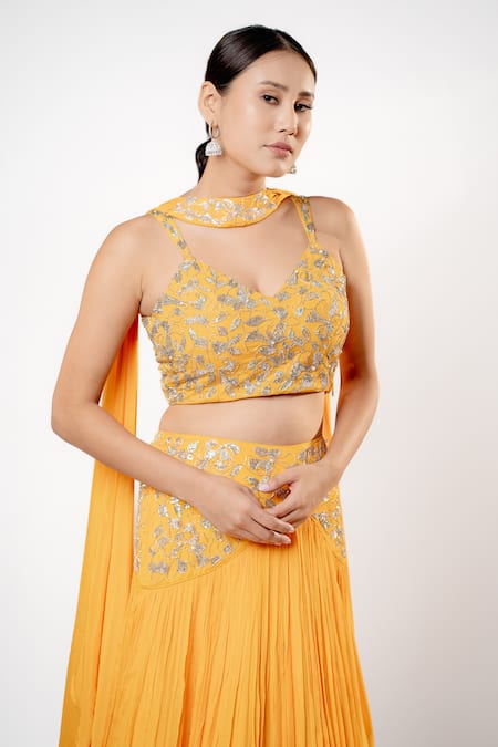 Shop_Harshita Jain_Yellow Chiffon Sequins, Pearls, Beads, Floral Hand Lehenga Blouse Set _Online_at_Aza_Fashions
