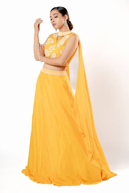 Shop Harshita Jain Yellow Chiffon Hand Embroidery Sequin. Bead V Neck Lehenga Blouse Set Online at Aza Fashions Shop_Harshita Jain_Yellow Chiffon Hand Embroidery Sequin. Bead V Neck Lehenga Blouse Set _Online_at_Aza_Fashions