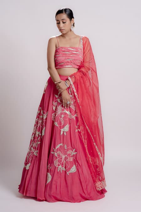 Harshita Jain Pink Chiffon Hand Embroidery Sequin Straight Wave Pleats Blouse Lehenga Set 