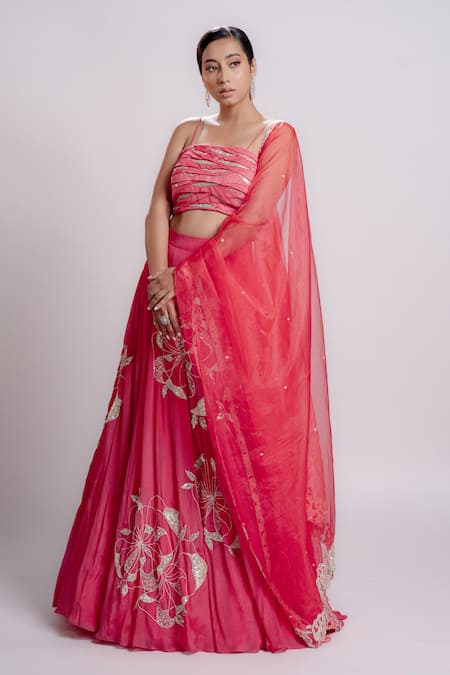 Harshita Jain_Pink Organza, Chiffon, Satin Sequins, Wave Pleats Embroidered Blouse Lehenga Set _Online_at_Aza_Fashions